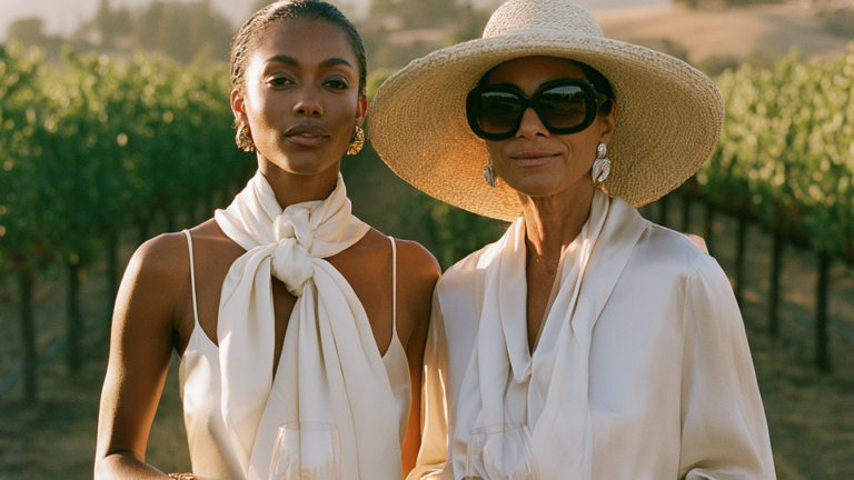 two women in ivory silk slip dress and sun hat at a Napa Valley vineyard wine tasting