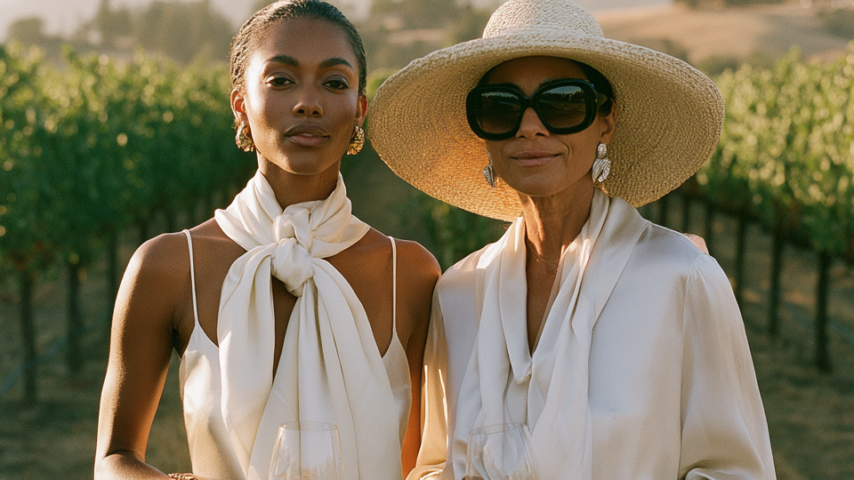 two women in ivory silk slip dress and sun hat at a Napa Valley vineyard wine tasting